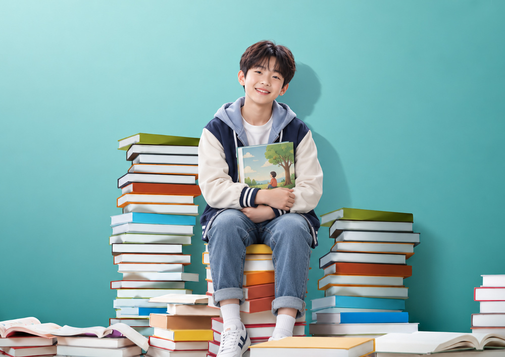 여러 권의 책 사이에서 원서를 든 학생